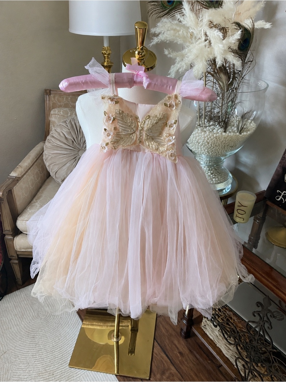 🎀 Pottery Barn Kids Butterfly Fairy Dress Pink Gold Tulle Halloween Costume
